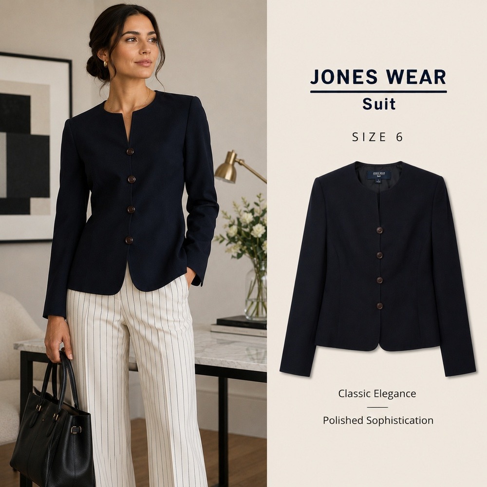 Jones Wear Blazer Womens 6 Navy Blue Tailored Professional Office Interview Chic